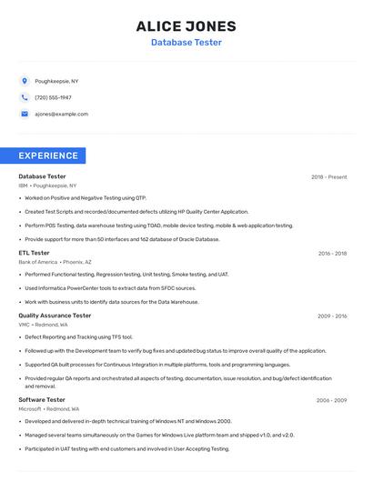Database Tester Resume