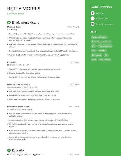 Database Tester Resume