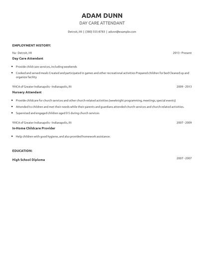 Day Care Attendant Resume