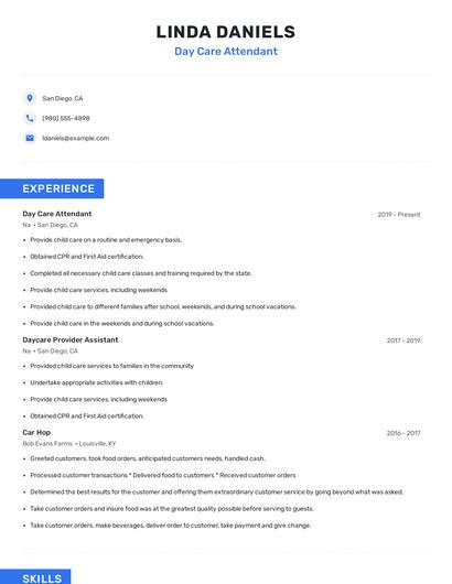 Day Care Attendant Resume
