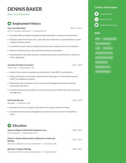 Day Care Attendant Resume