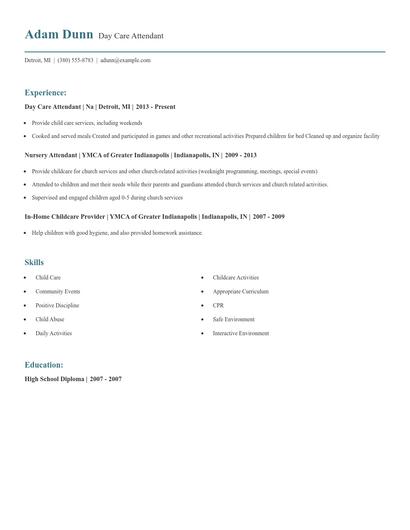 Day Care Attendant Resume