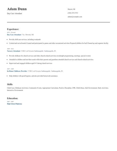 Day Care Attendant Resume
