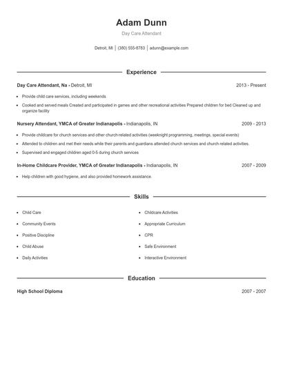 Day Care Attendant Resume