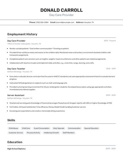 Day Care Provider Resume