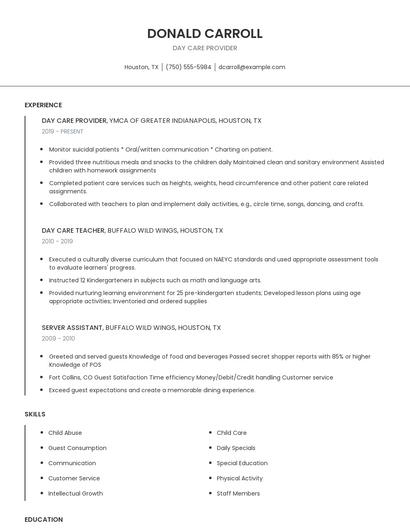 Day Care Provider Resume