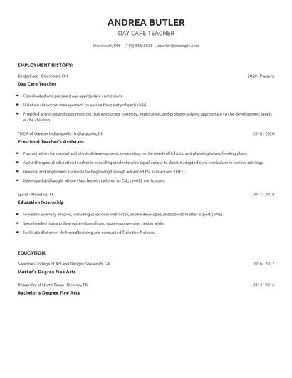 Day Care Teacher Resume