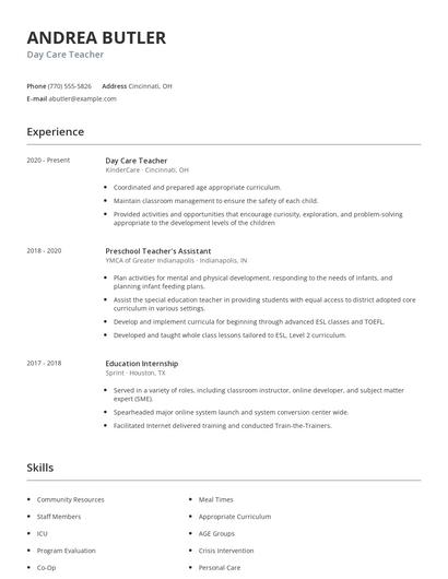 Day Care Teacher Resume