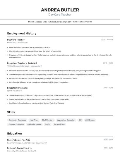 Day Care Teacher Resume