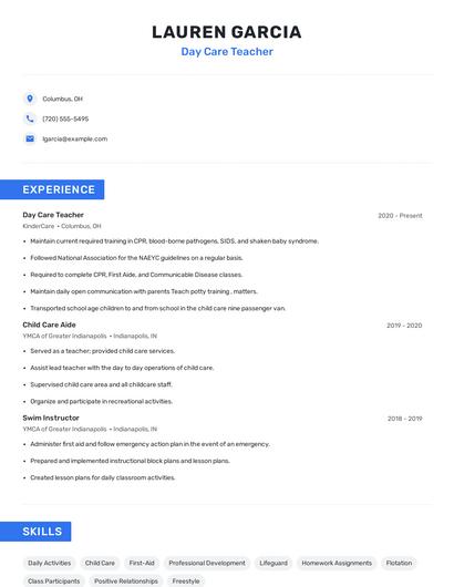 Day Care Teacher Resume