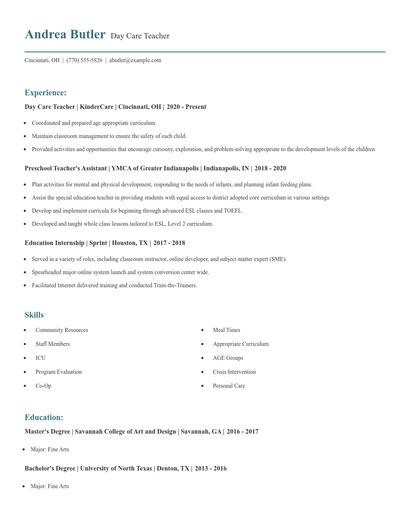 Day Care Teacher Resume