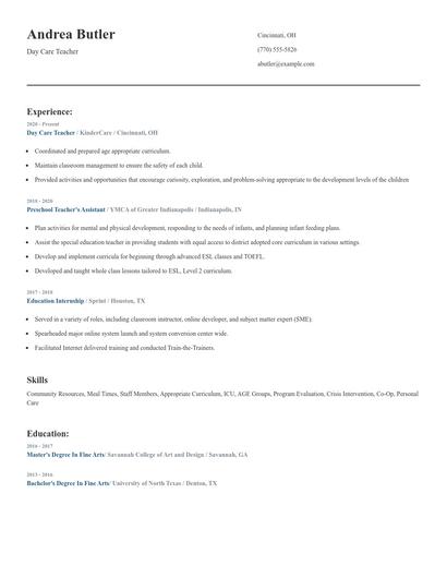Day Care Teacher Resume