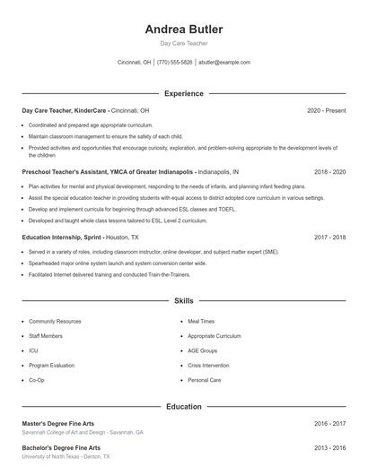 Day Care Teacher Resume