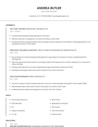 Day Care Teacher Resume