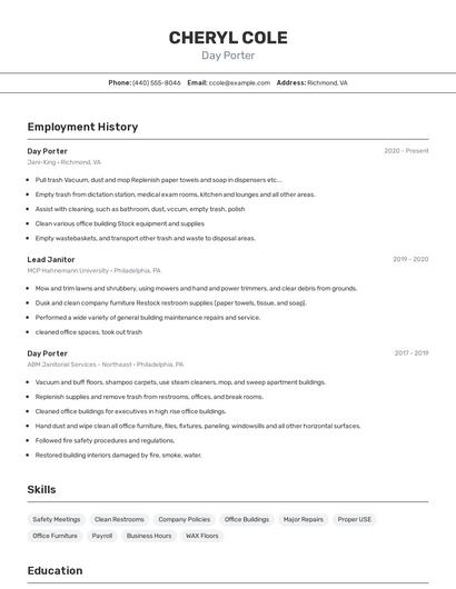 Day Porter Resume