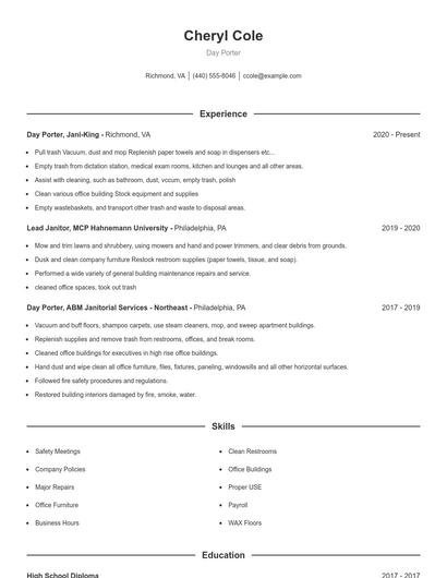 Day Porter Resume