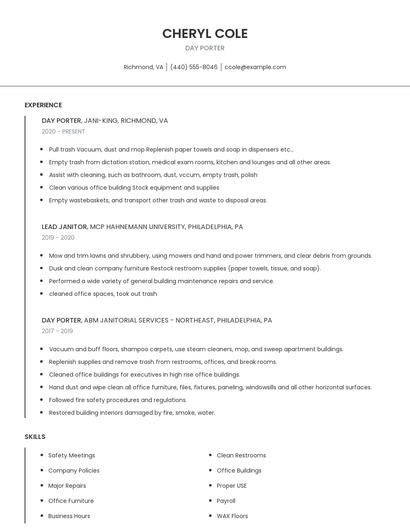 Day Porter Resume