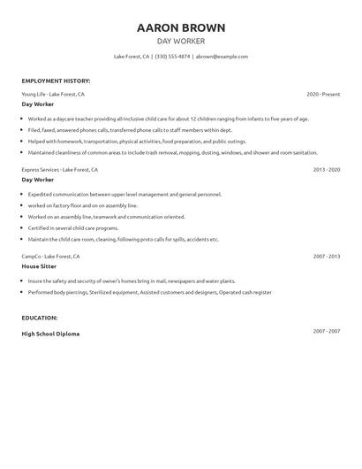 Day Worker Resume