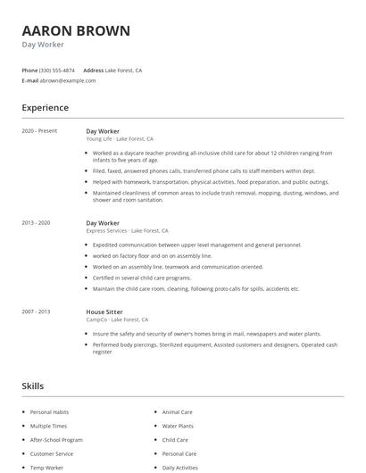 Day Worker Resume