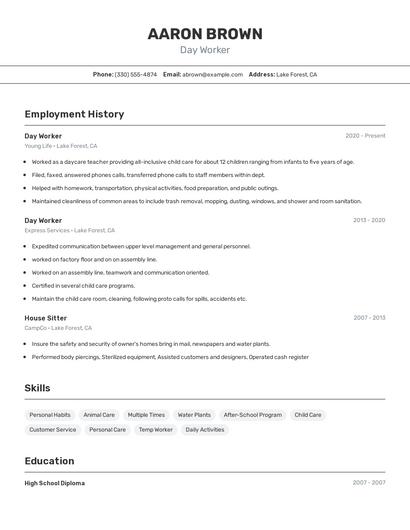 Day Worker Resume