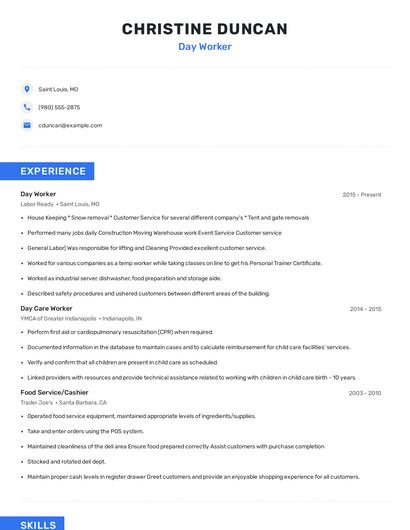 Day Worker Resume