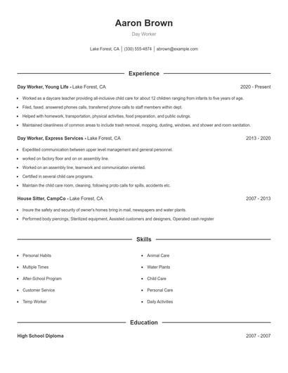 Day Worker Resume
