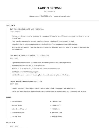 Day Worker Resume