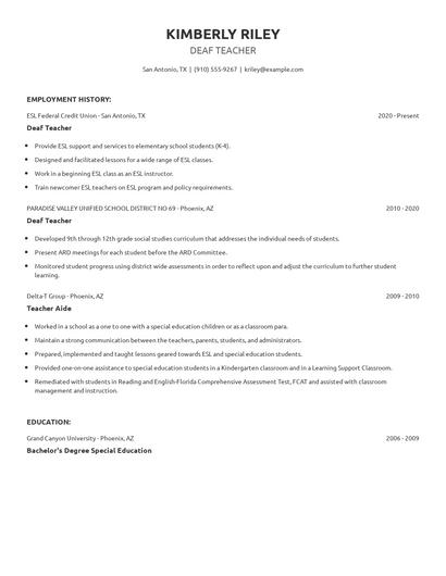 Deaf Teacher Resume