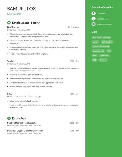 Deaf Teacher Resume