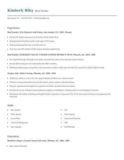 Deaf Teacher Resume