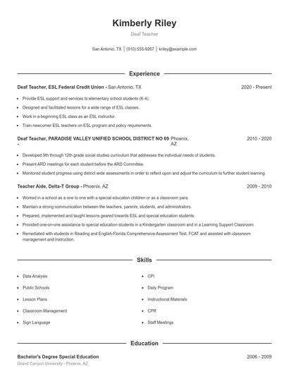 Deaf Teacher Resume