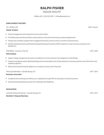 Dealer Analyst Resume