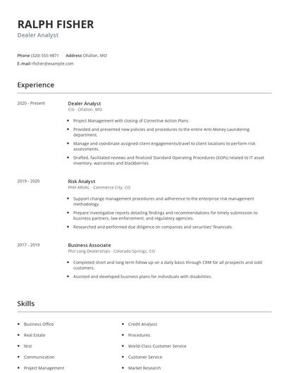 Dealer Analyst Resume