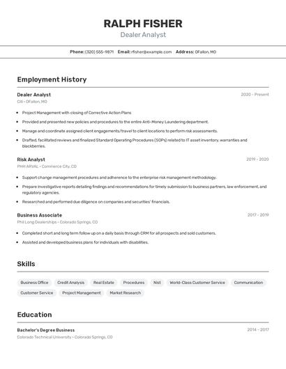 Dealer Analyst Resume