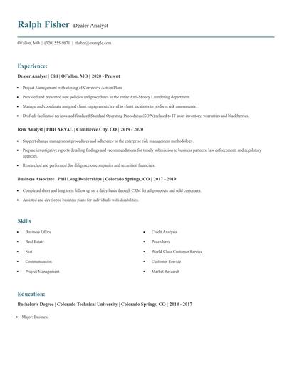 Dealer Analyst Resume