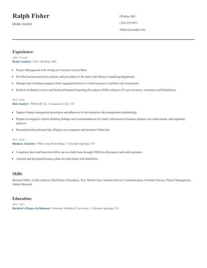 Dealer Analyst Resume