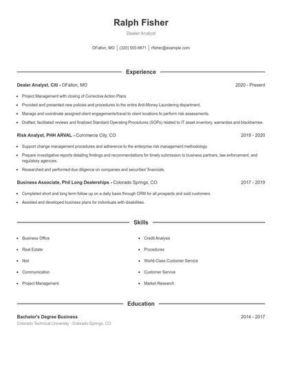 Dealer Analyst Resume