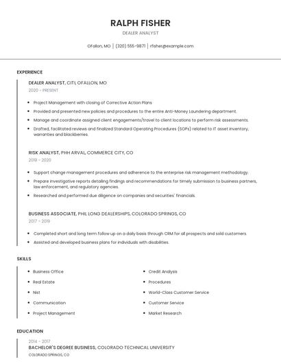 Dealer Analyst Resume