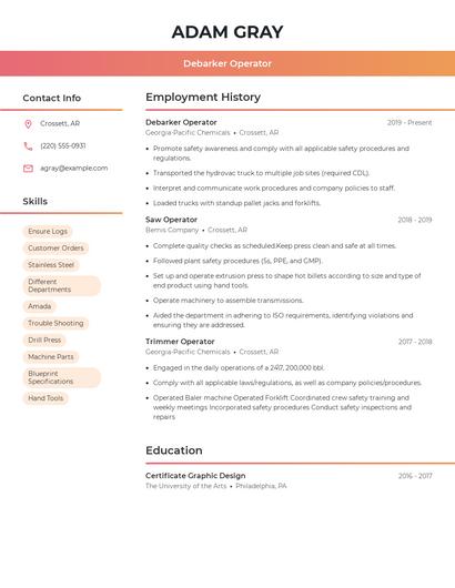 Debarker Operator Resume
