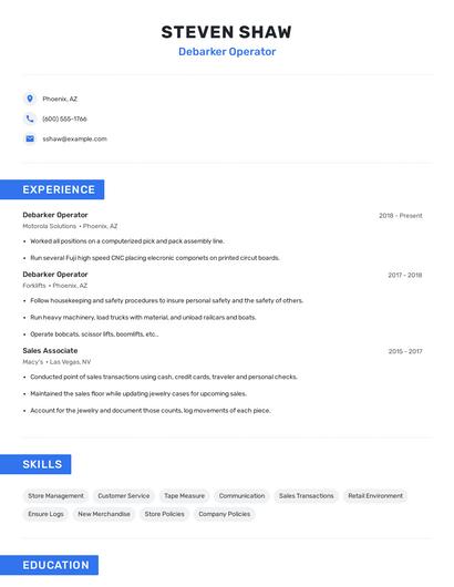 Debarker Operator Resume