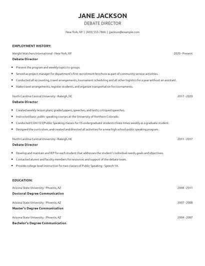 Debate Director Resume