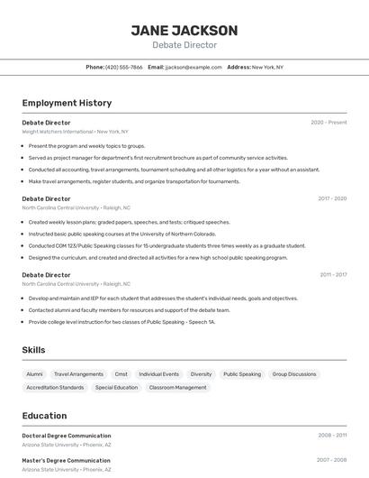 Debate Director Resume