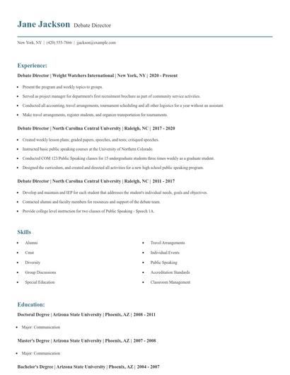 Debate Director Resume