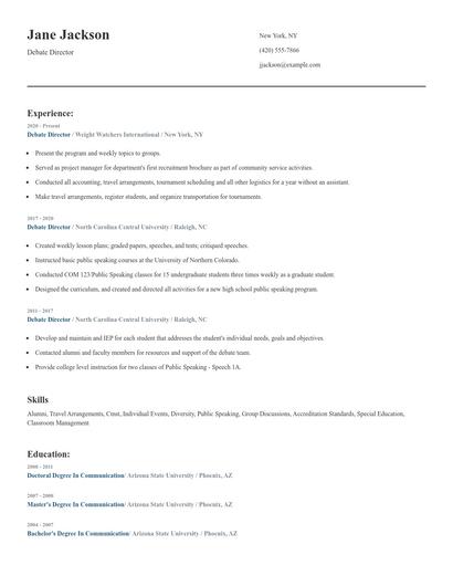 Debate Director Resume