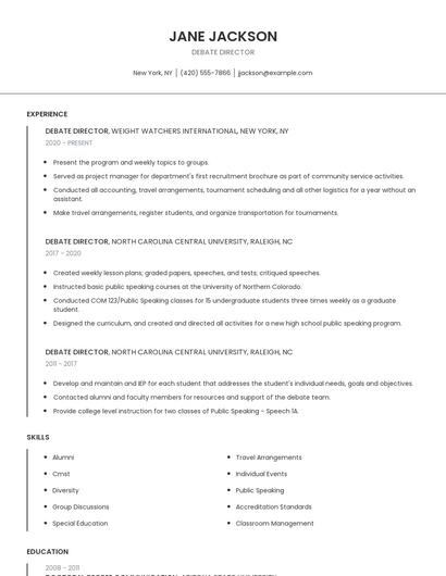 Debate Director Resume