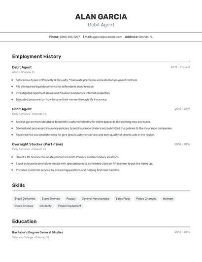Debit Agent Resume