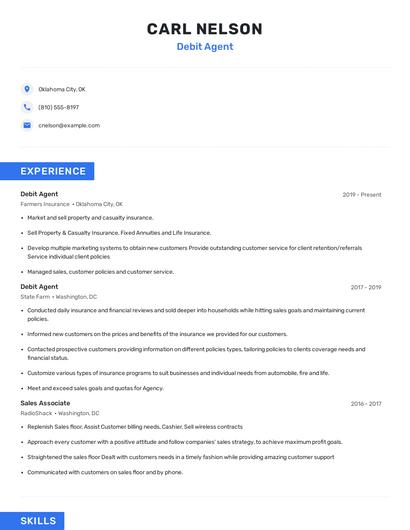 Debit Agent Resume