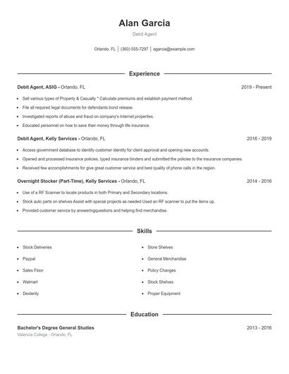 Debit Agent Resume