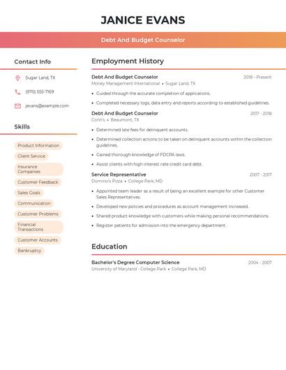 Debt And Budget Counselor Resume