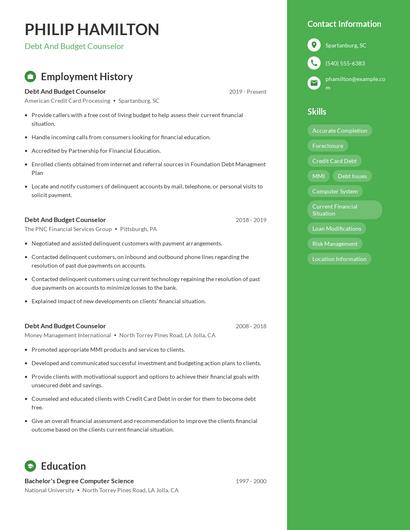 Debt And Budget Counselor Resume